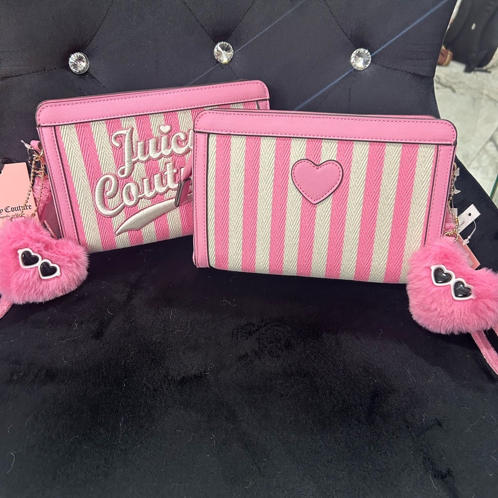 Juicy Couture Pink & Cream Striped Kids Wristlet with Fuzzy Heart Charm - Picture 2 of 2